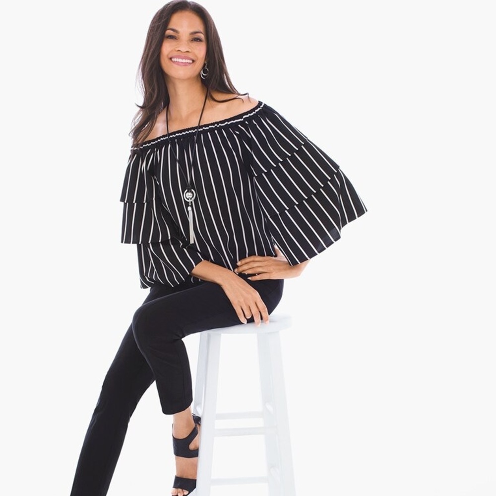 CHICOS STRIPED OFF-THE-SHOULDER TOP